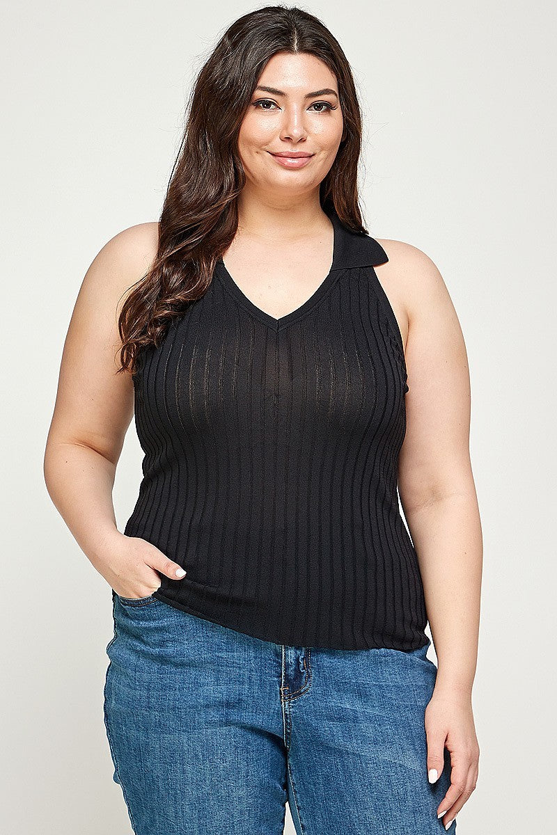 Plus Size, Solid Ribbed Knit Polo Sleeveless Top - Marie Lashaays 