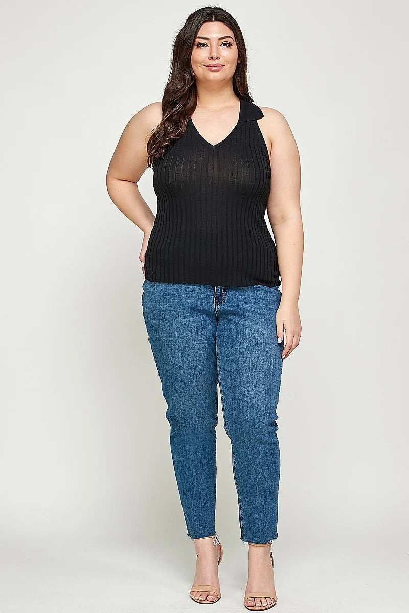 Plus Size, Solid Ribbed Knit Polo Sleeveless Top - Marie Lashaays 