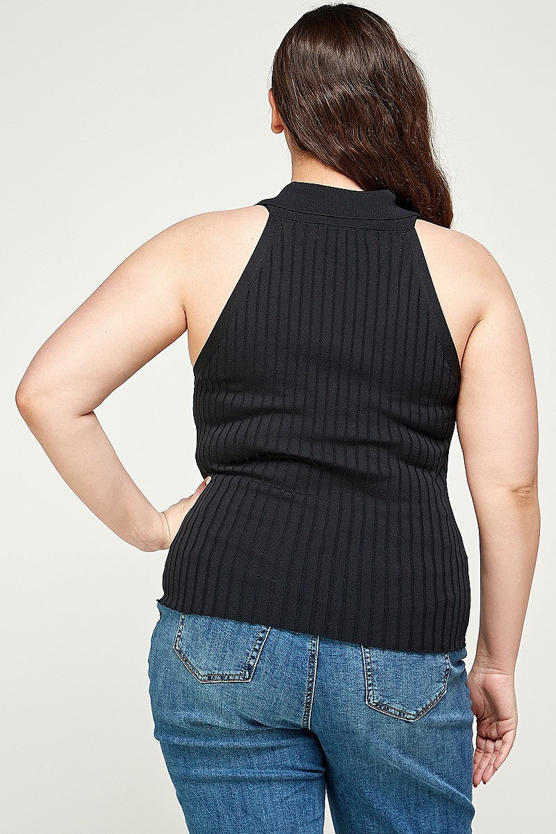 Plus Size, Solid Ribbed Knit Polo Sleeveless Top - Marie Lashaays 