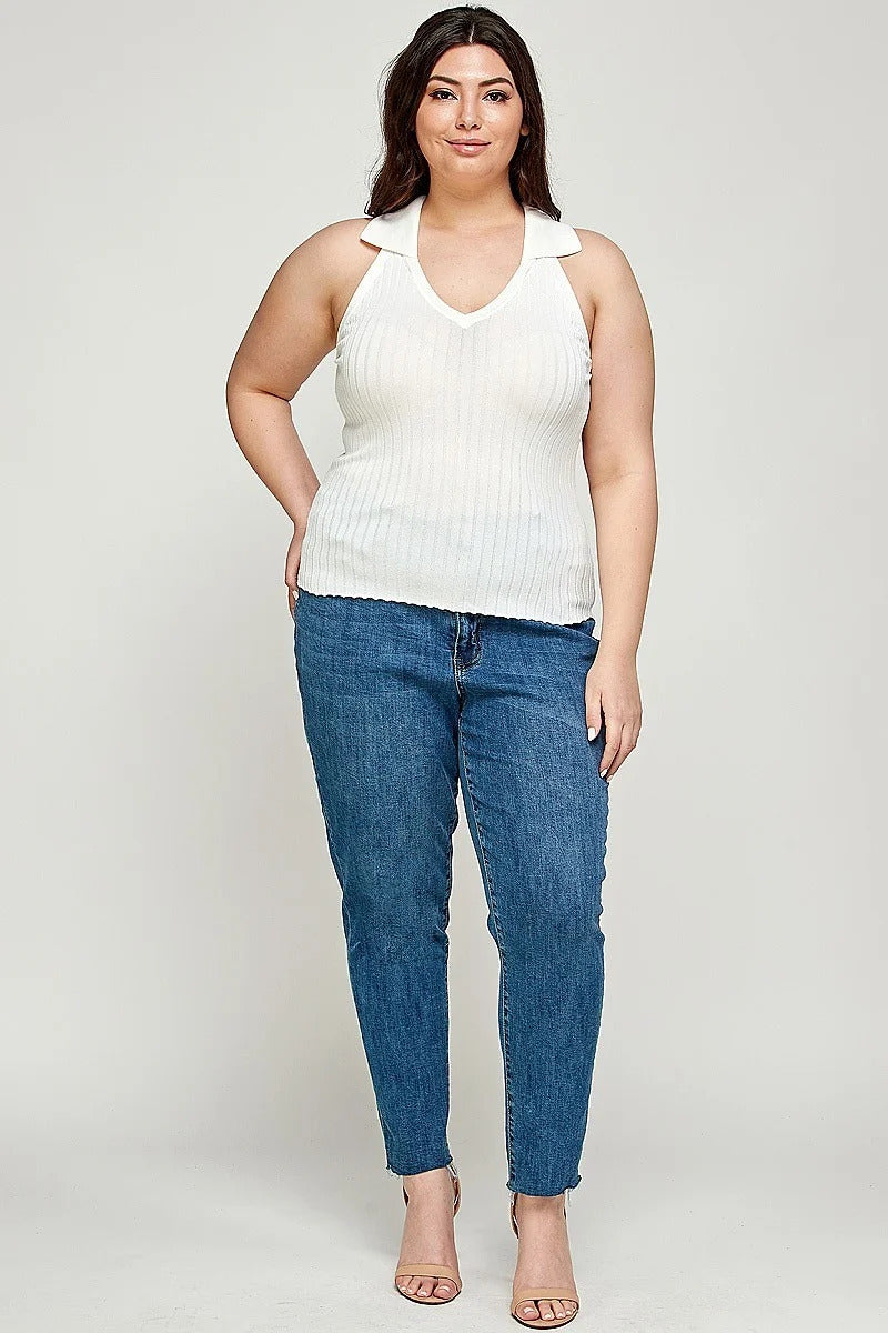 Plus Size, Solid Ribbed Knit Polo Sleeveless Top - Marie Lashaays 