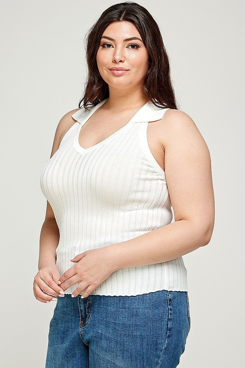 Plus Size, Solid Ribbed Knit Polo Sleeveless Top - Marie Lashaays 