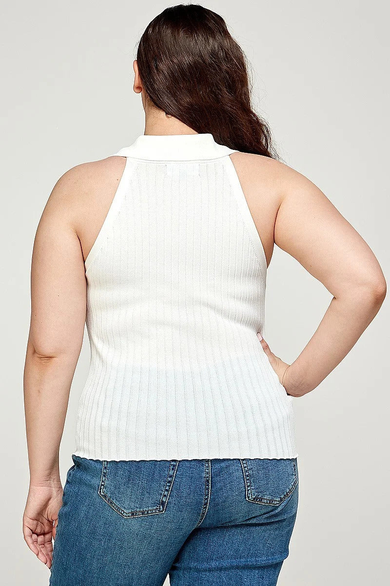 Plus Size, Solid Ribbed Knit Polo Sleeveless Top - Marie Lashaays 