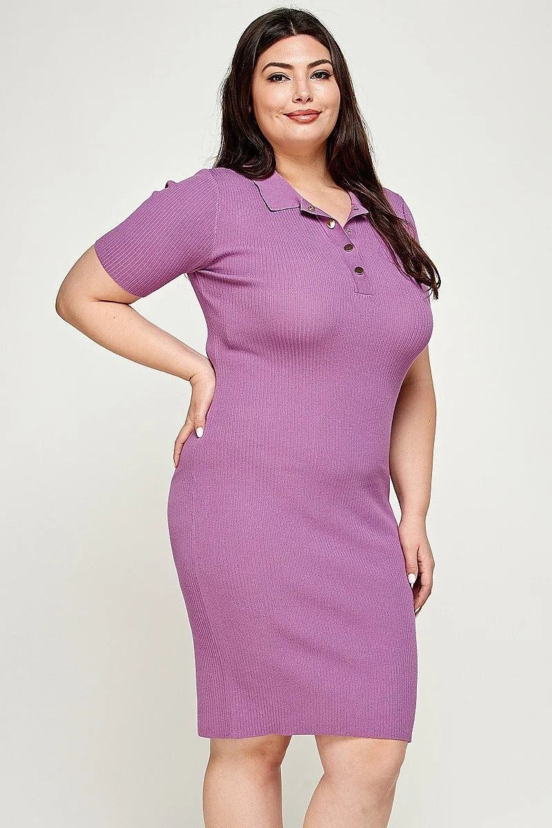 Plus Size Ribbed Knit Polo Dress - Marie Lashaays 