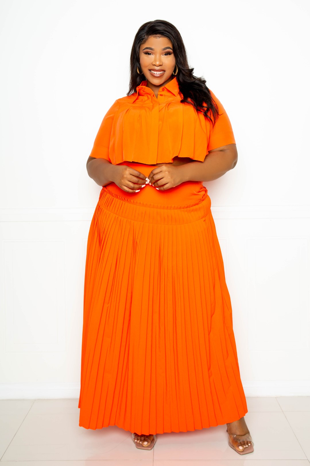 Pleated Cropped Shirt And Maxi Skirt Set - Marie Lashaays 