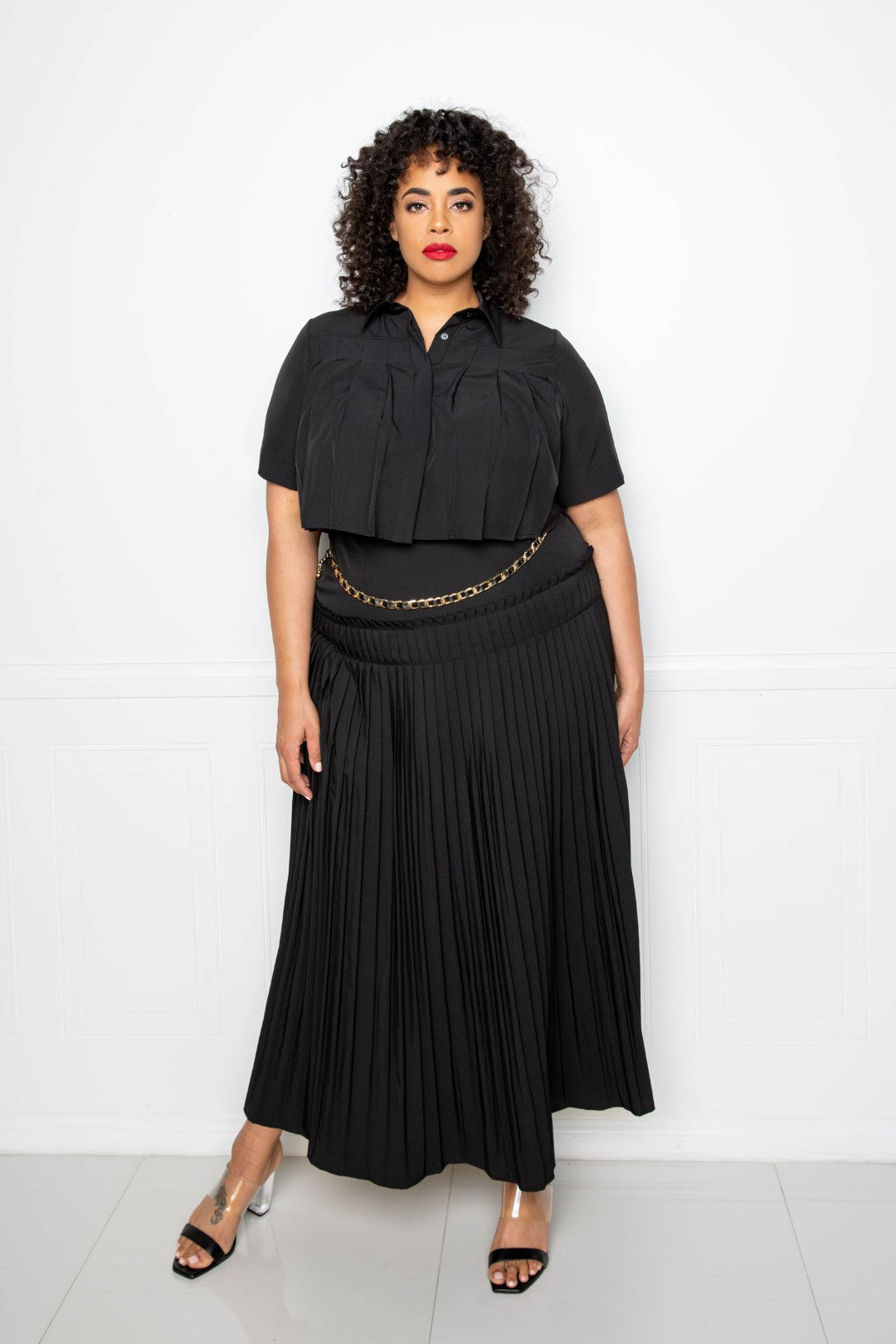 Pleated Cropped Shirt And Maxi Skirt Set - Marie Lashaays 