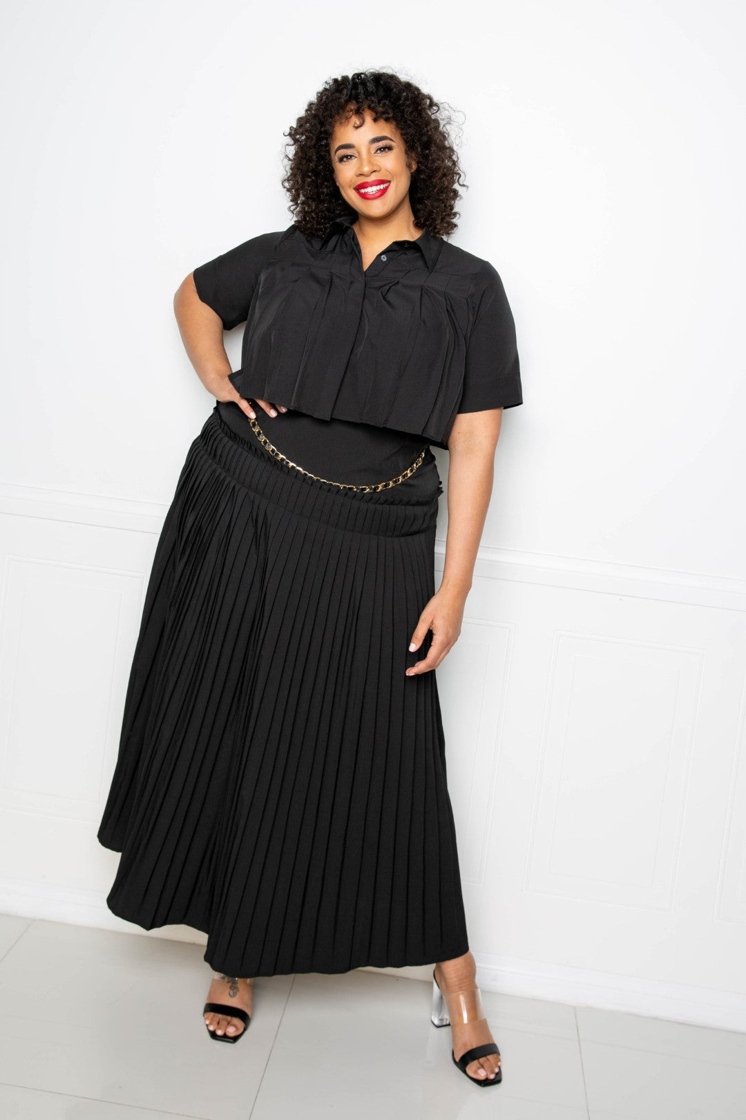 Pleated Cropped Shirt And Maxi Skirt Set - Marie Lashaays 