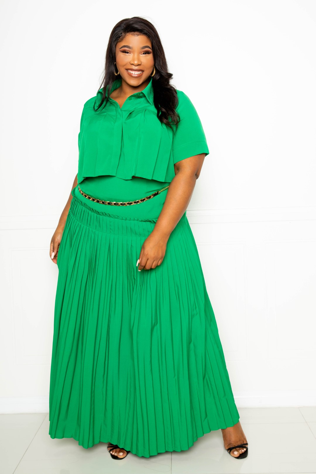 Pleated Cropped Shirt And Maxi Skirt Set - Marie Lashaays 