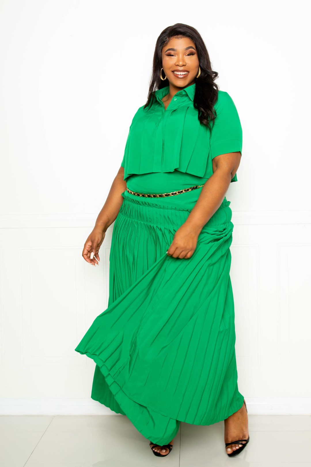 Pleated Cropped Shirt And Maxi Skirt Set - Marie Lashaays 