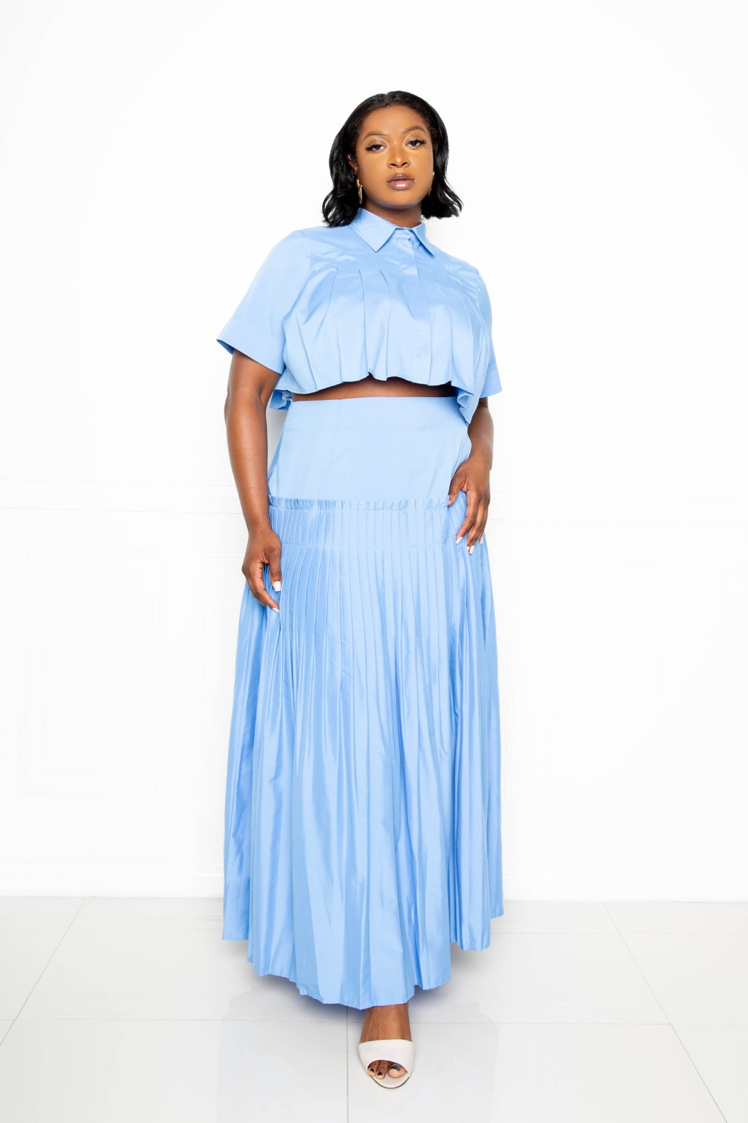 Pleated Cropped Shirt And Maxi Skirt Set - Marie Lashaays 