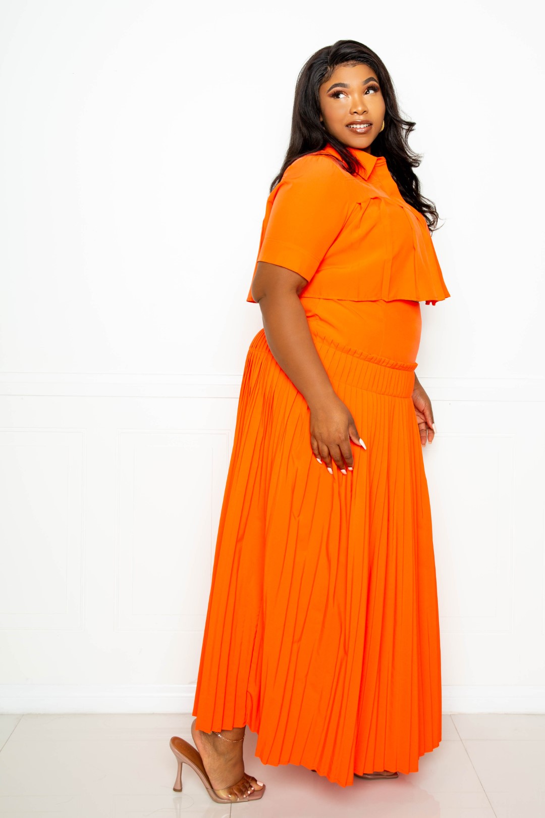 Pleated Cropped Shirt And Maxi Skirt Set - Marie Lashaays 