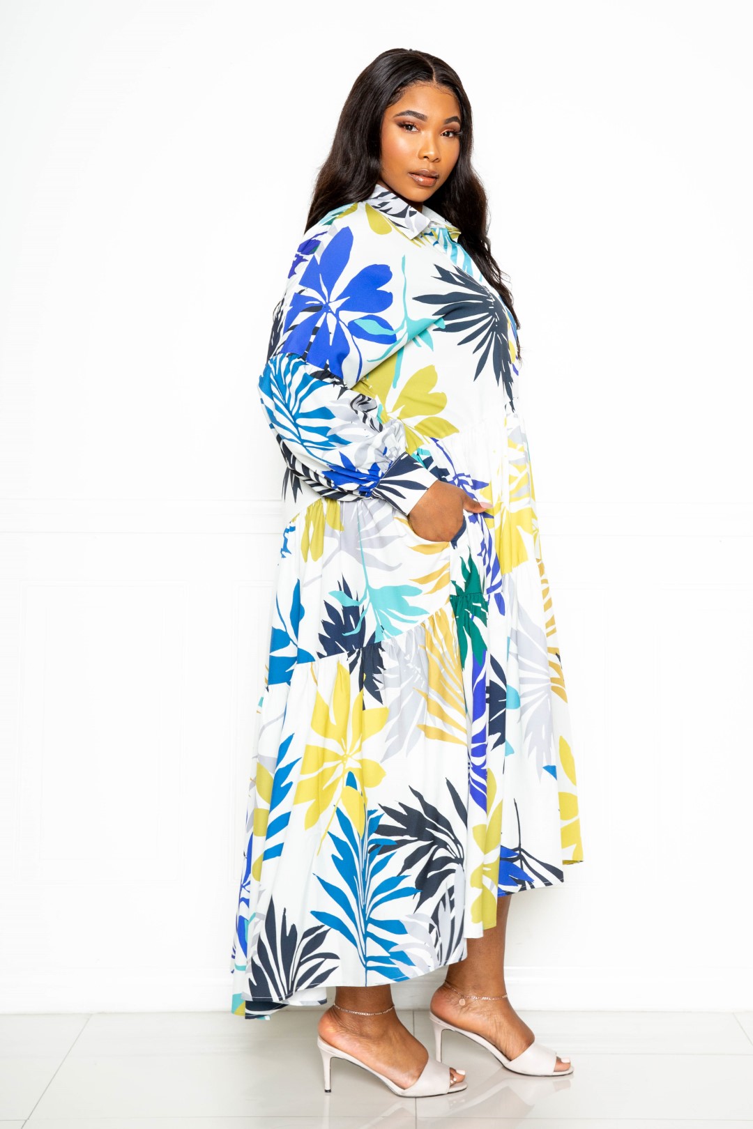 Printed Tierd Shirt Dress With Puff Sleeves