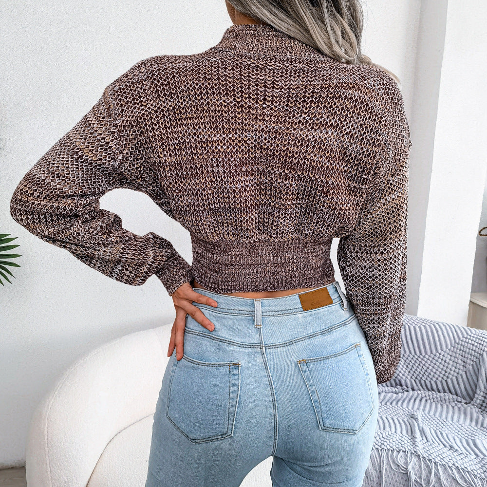 Heathered Mock Neck Dropped Shoulder Cropped Sweater