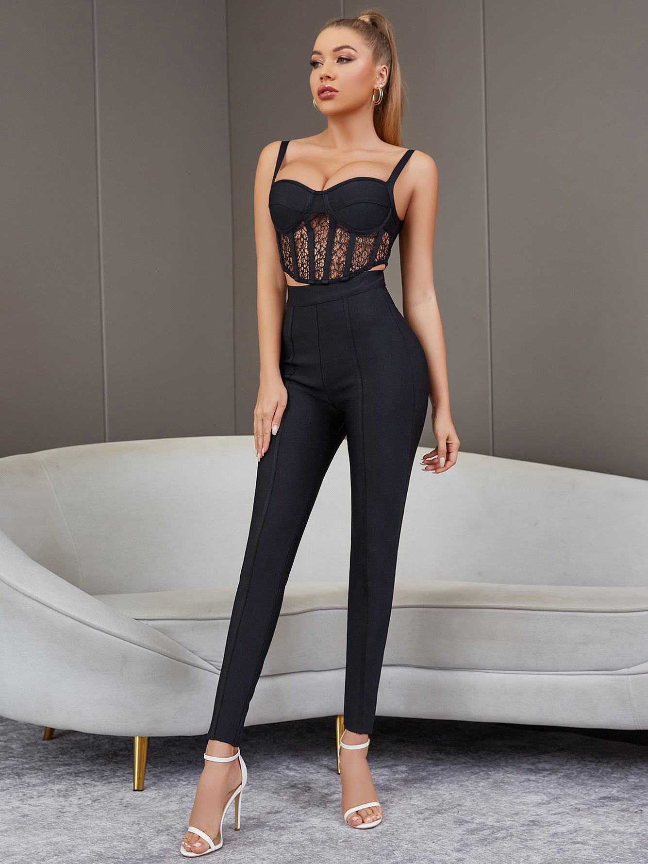 Spliced Lace Cropped Cami and Leggings Set