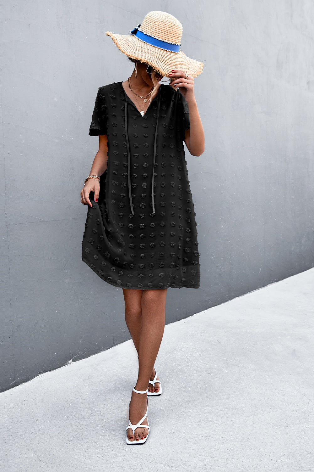 Swiss Dot Tie Neck Mini Dress - Marie Lashaays 