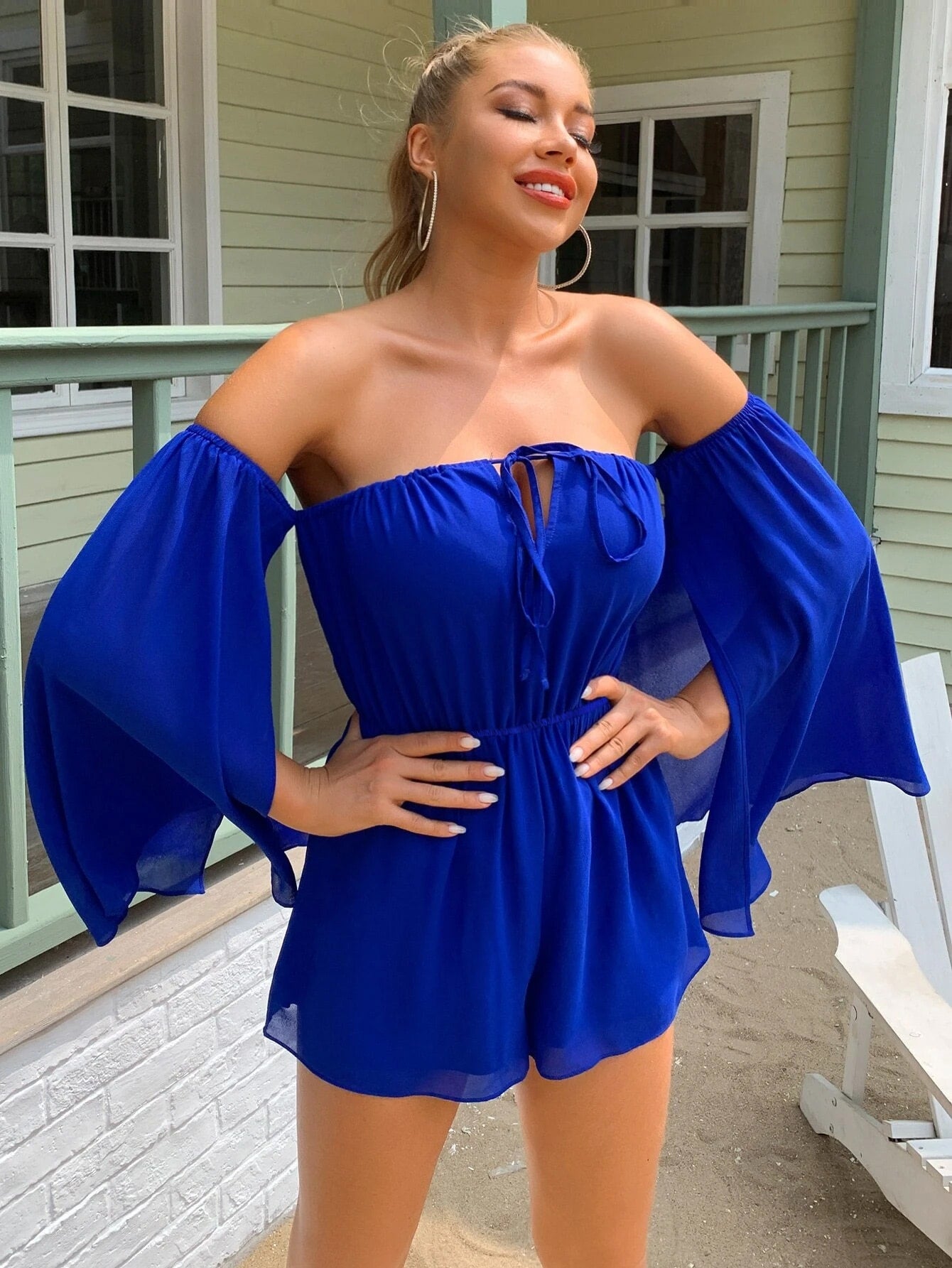 Off-Shoulder Tie Front Split Sleeve Romper - Marie Lashaays 