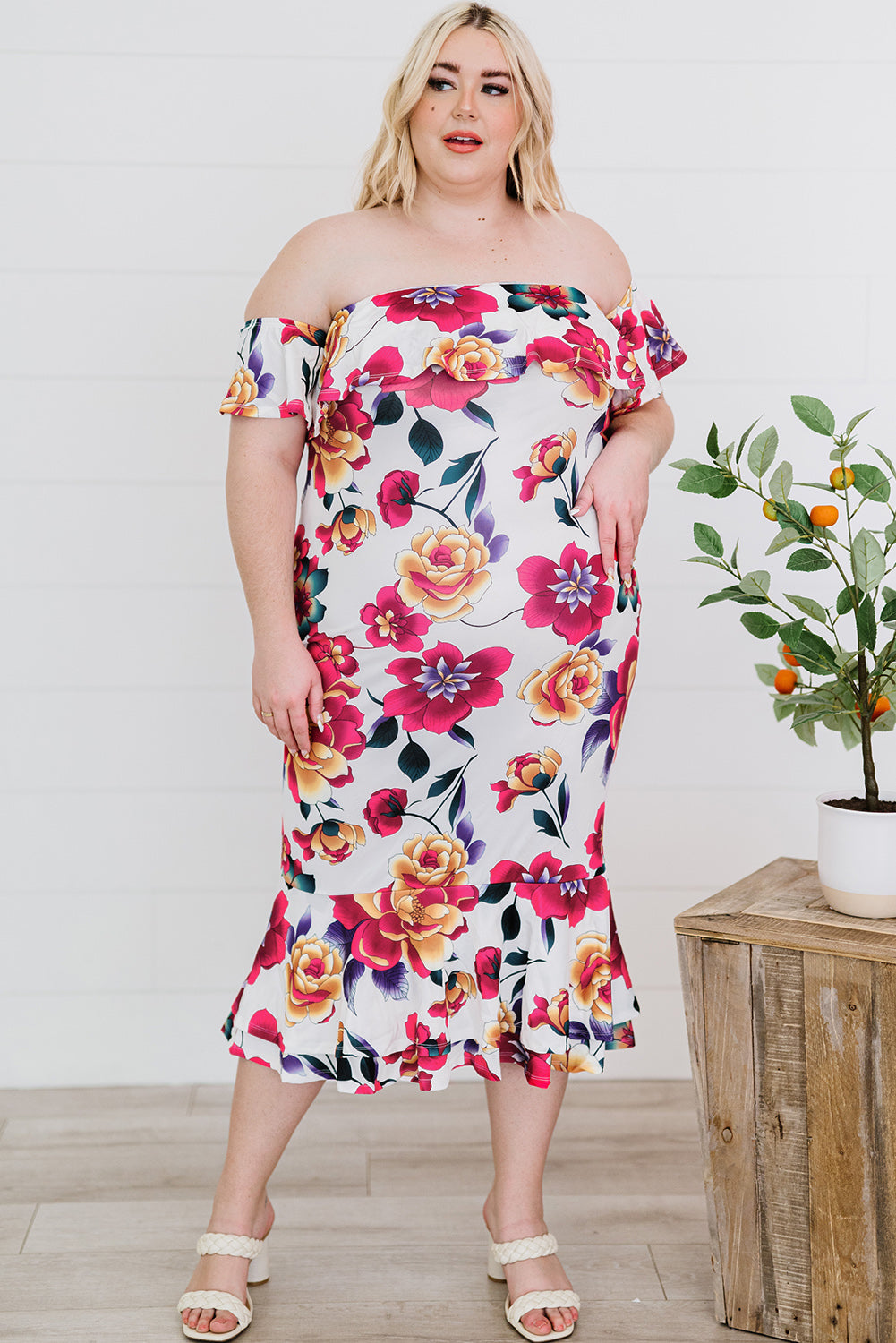 Plus Size Floral Off-Shoulder Fishtail Dress