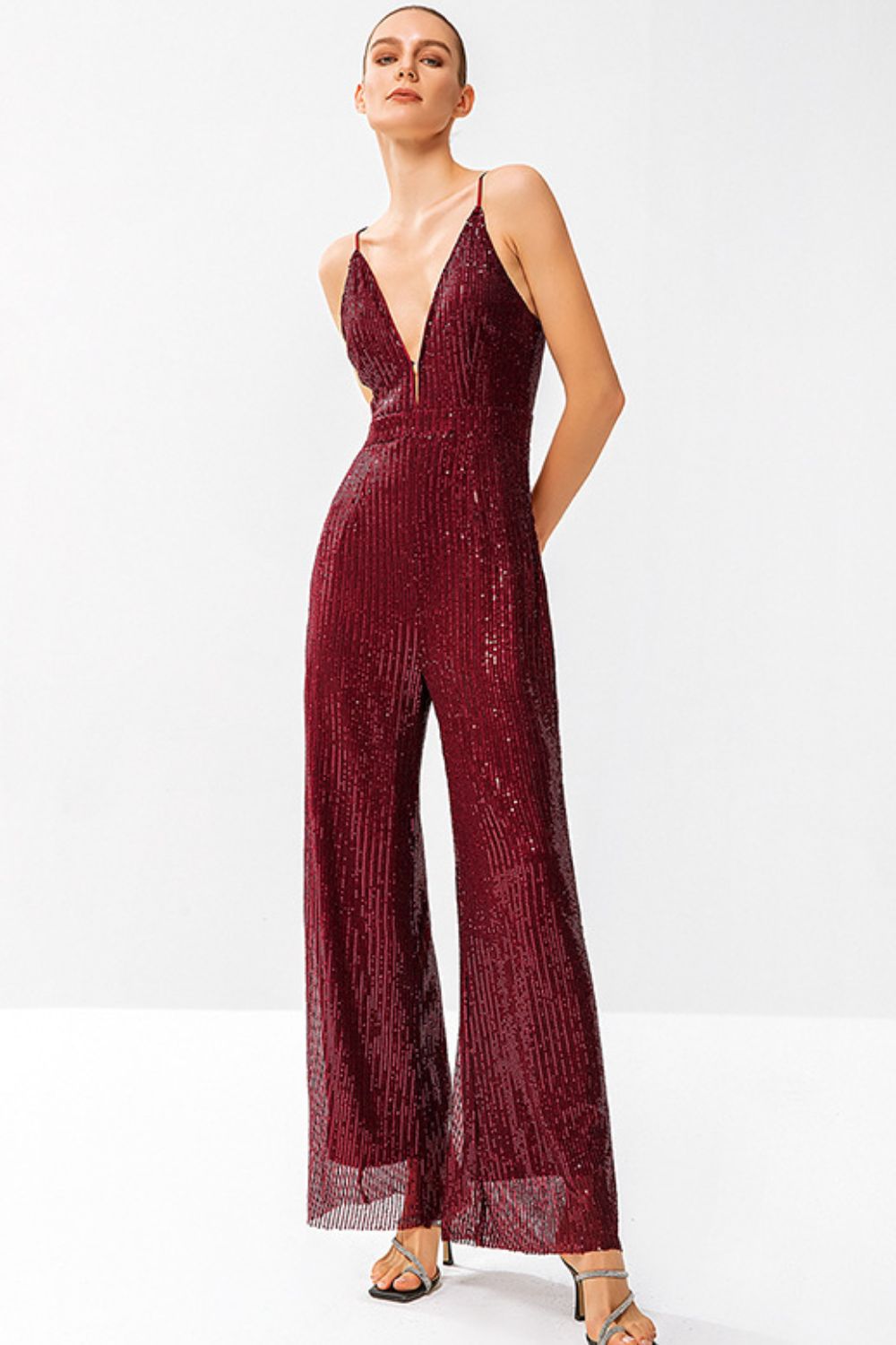 Sequined Spaghetti Strap Plunge Wide Leg Jumpsuit - Marie Lashaays 