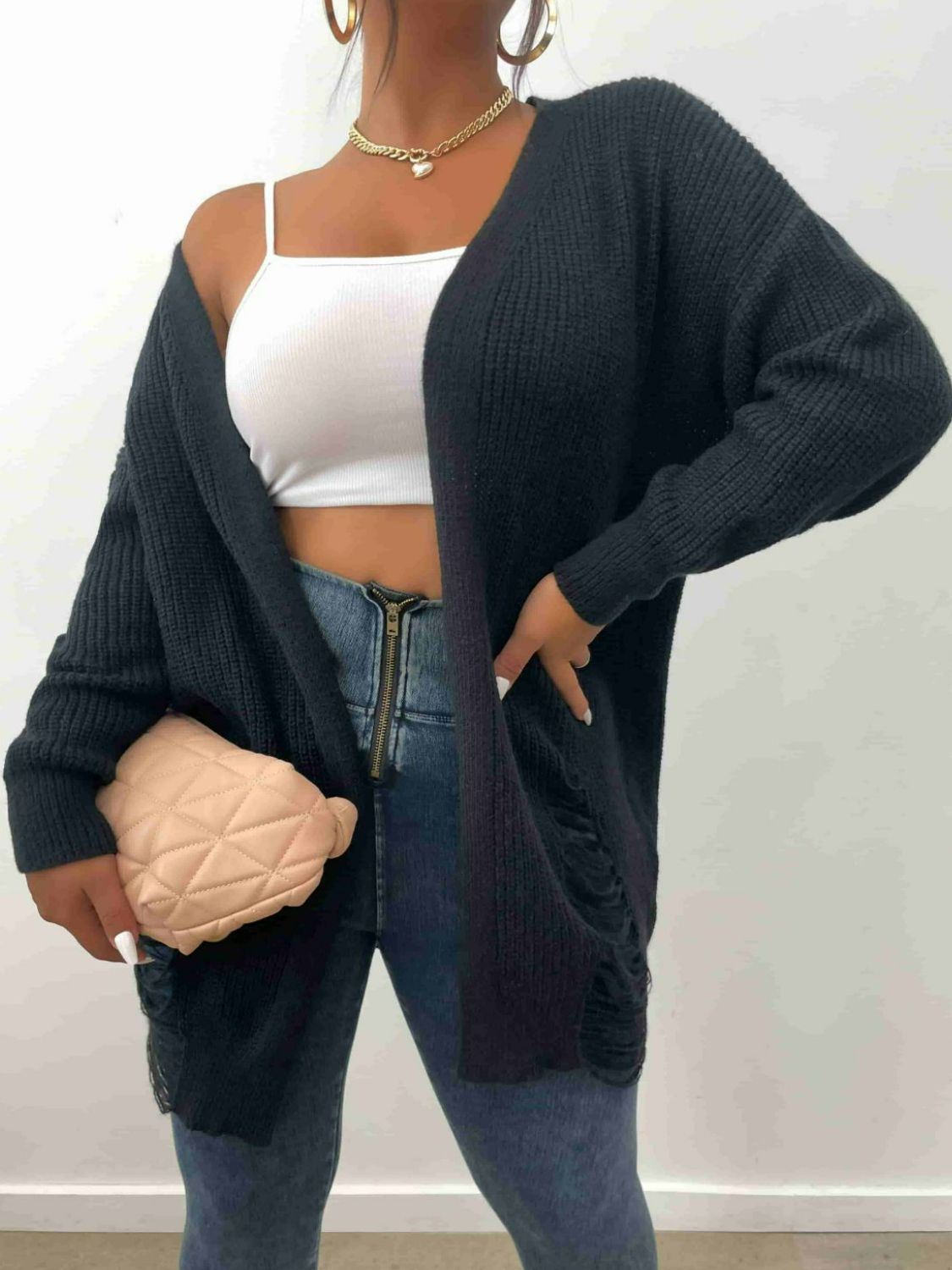 Plus Size Distressed Rib-Knit Open Front Longline Cardigan