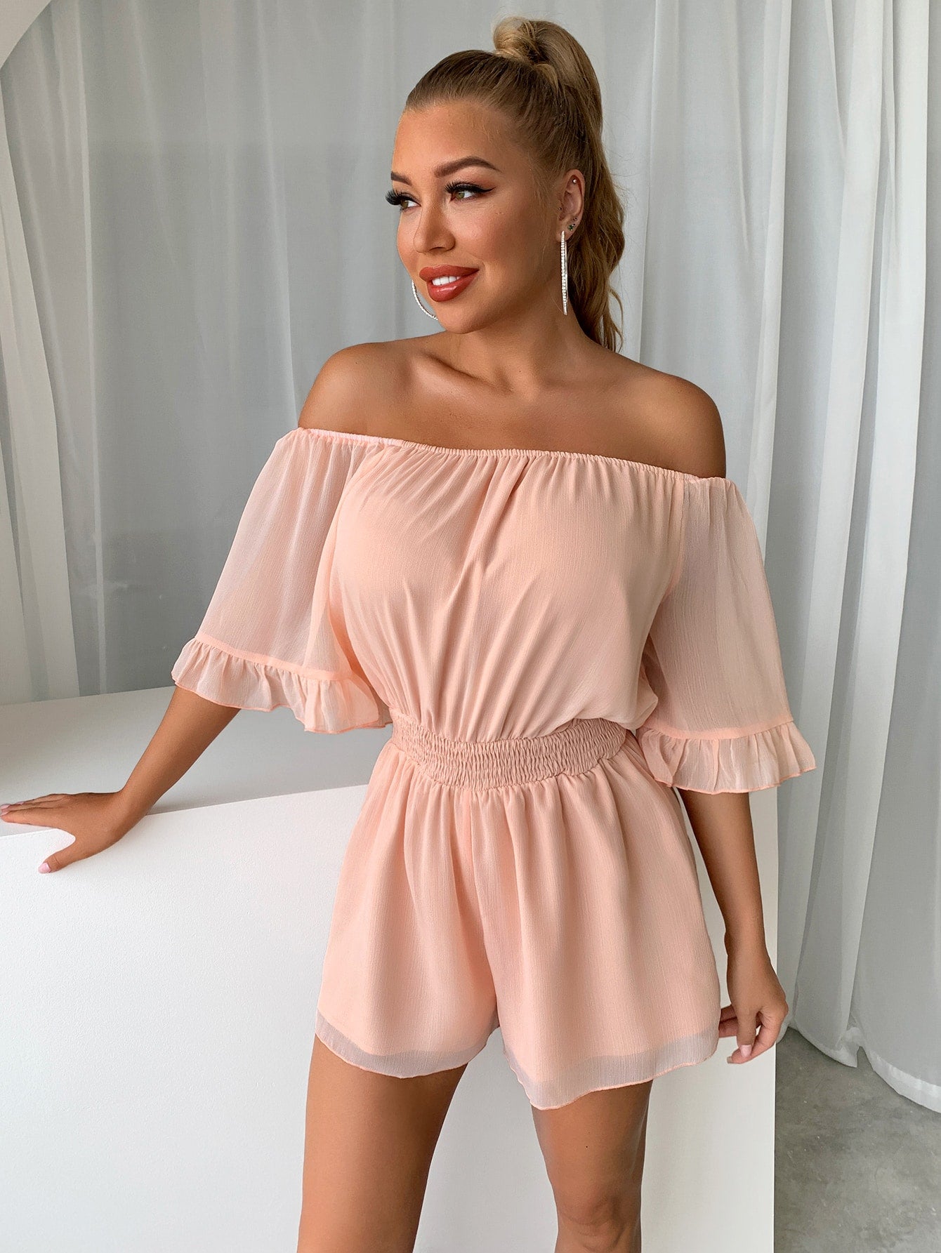 Off-Shoulder Flounce Sleeve Romper - Marie Lashaays 