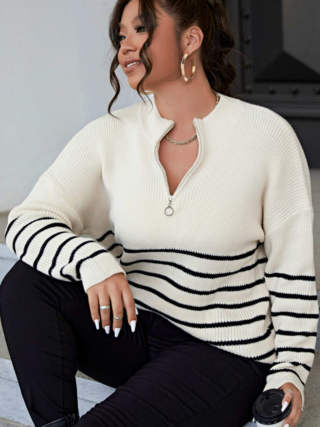 Plus Size Striped Quarter-Zip Rib-Knit Sweater