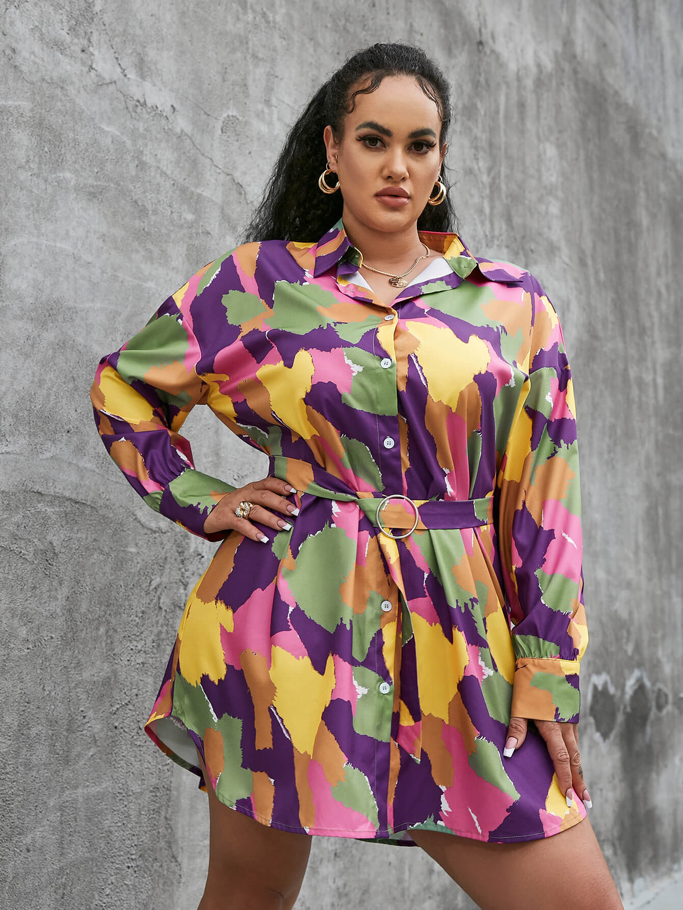 Plus Size Printed Button Front Mini Shirt Dress - Marie Lashaays 