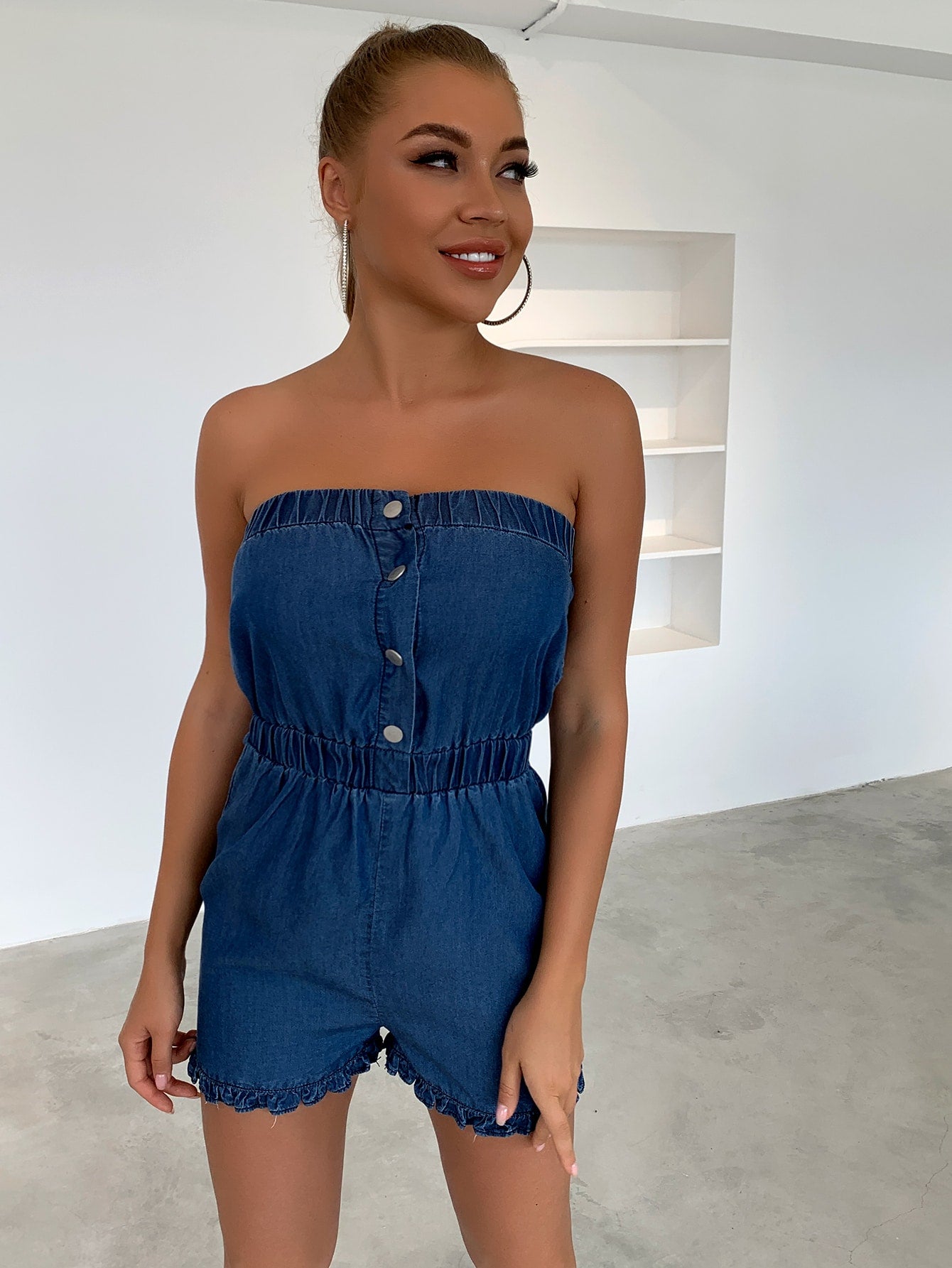 Frill Trim Denim Strapless Romper - Marie Lashaays 