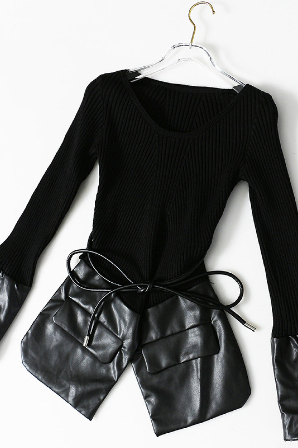 Spliced PU Leather Ribbed Sweater