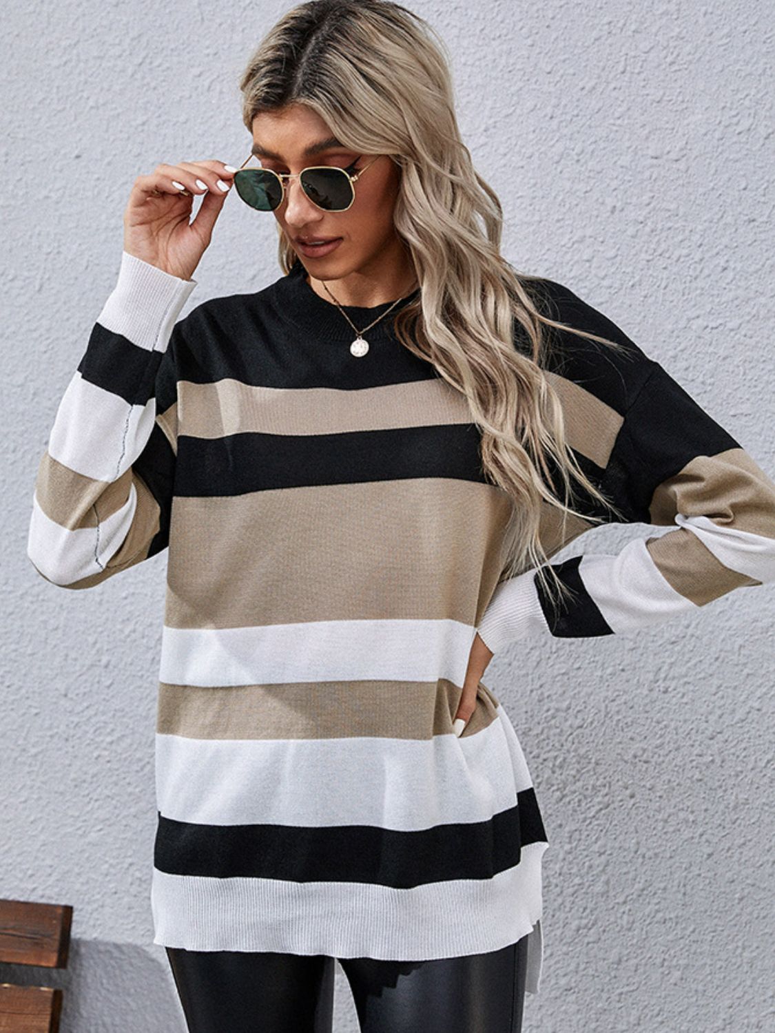 Striped Slit High-Low Dropped Shoulder Sweater