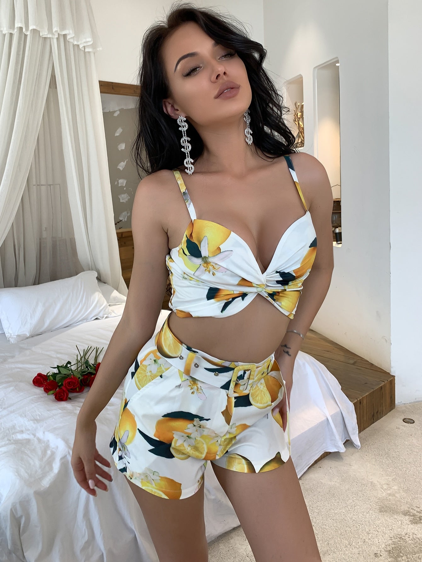 Lemon Print Twisted Cami and Belted Shorts Set - Marie Lashaays 