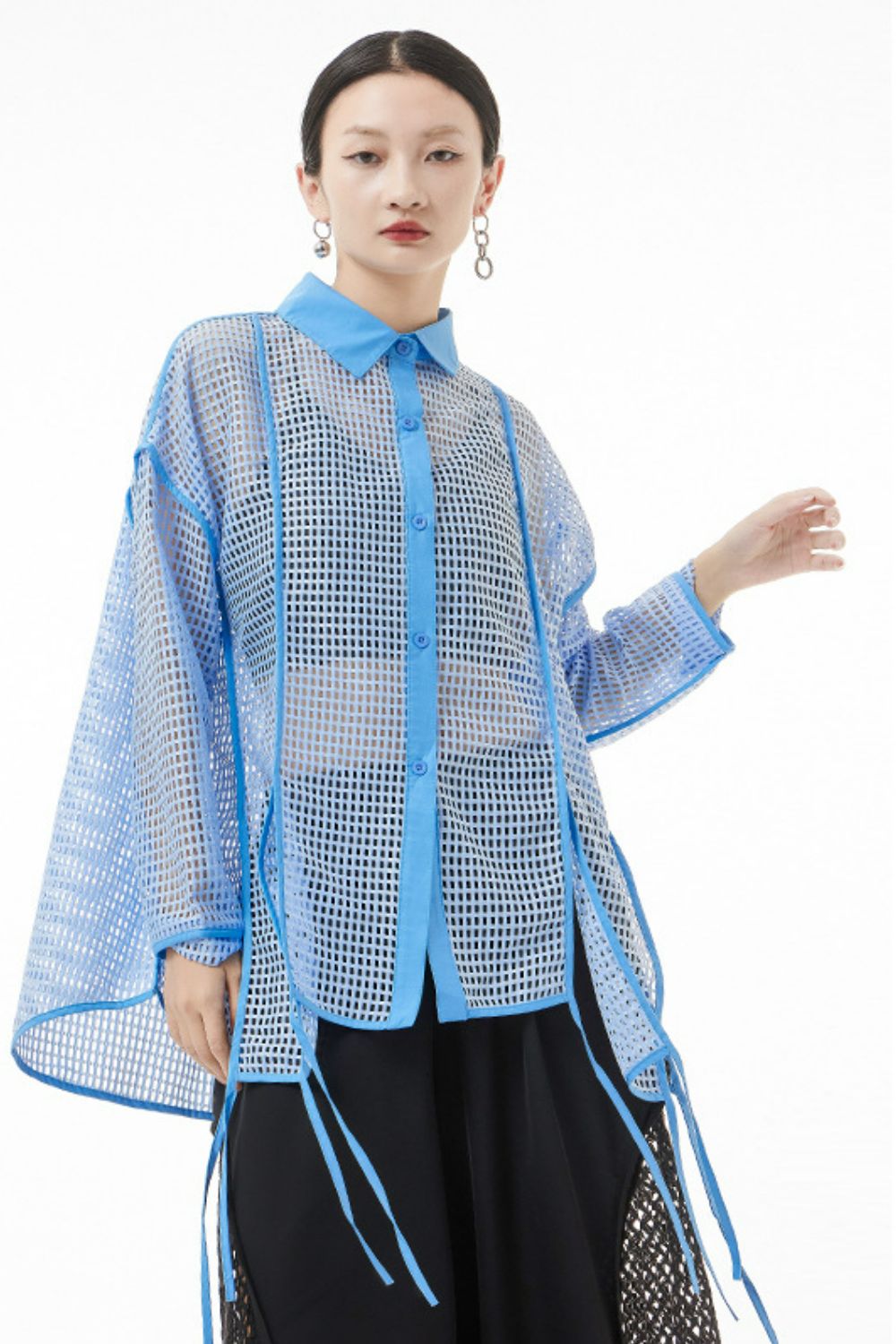 Openwork Mesh Slit Long Sleeve Shirt