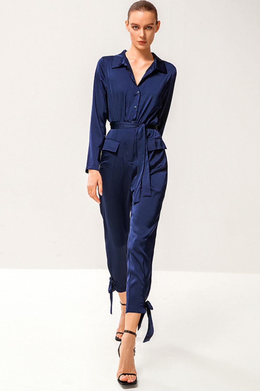 Tie-Waist Button Front Collared Satin Jumpsuit - Marie Lashaays 