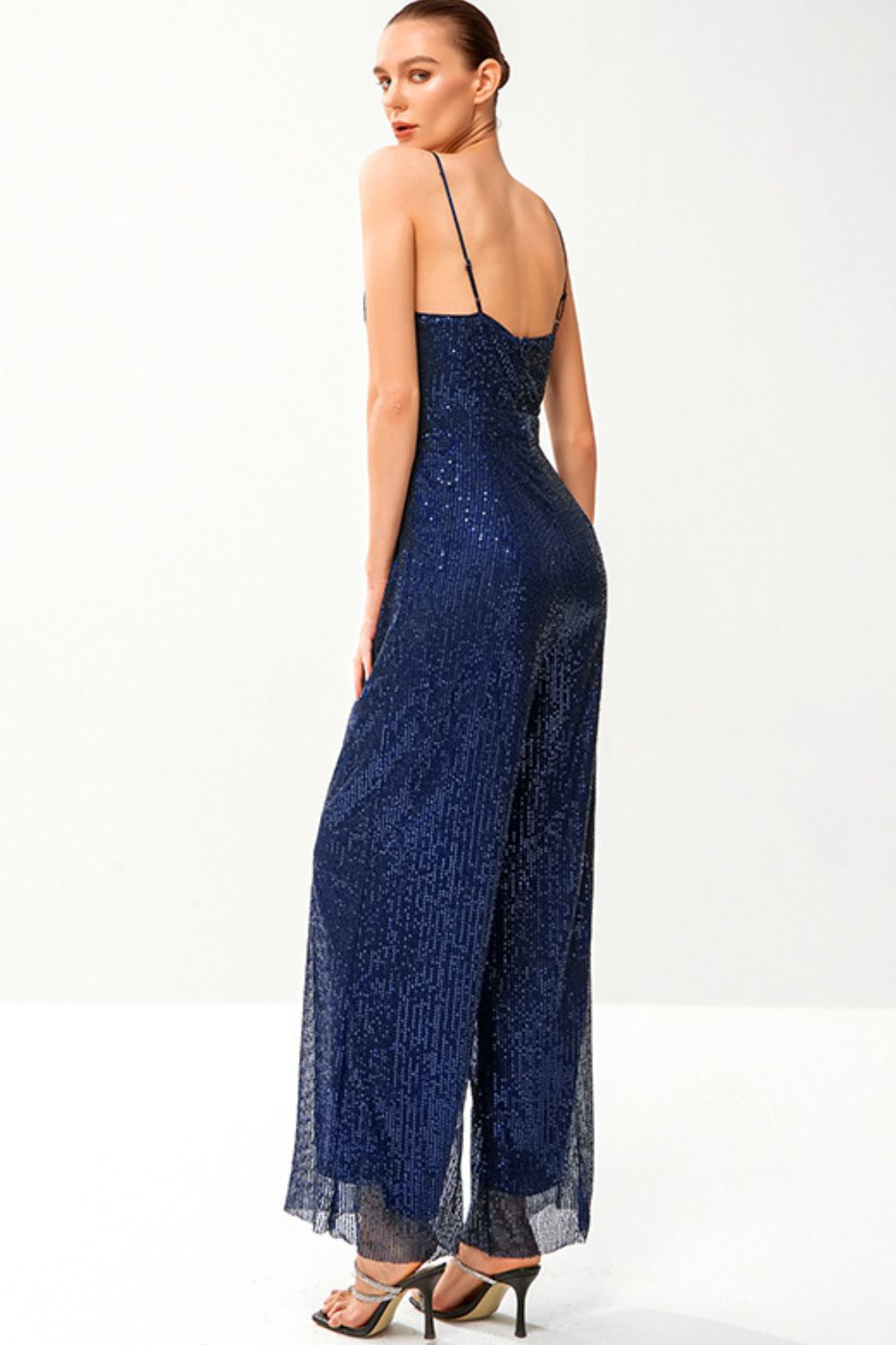 Sequined Spaghetti Strap Plunge Wide Leg Jumpsuit - Marie Lashaays 