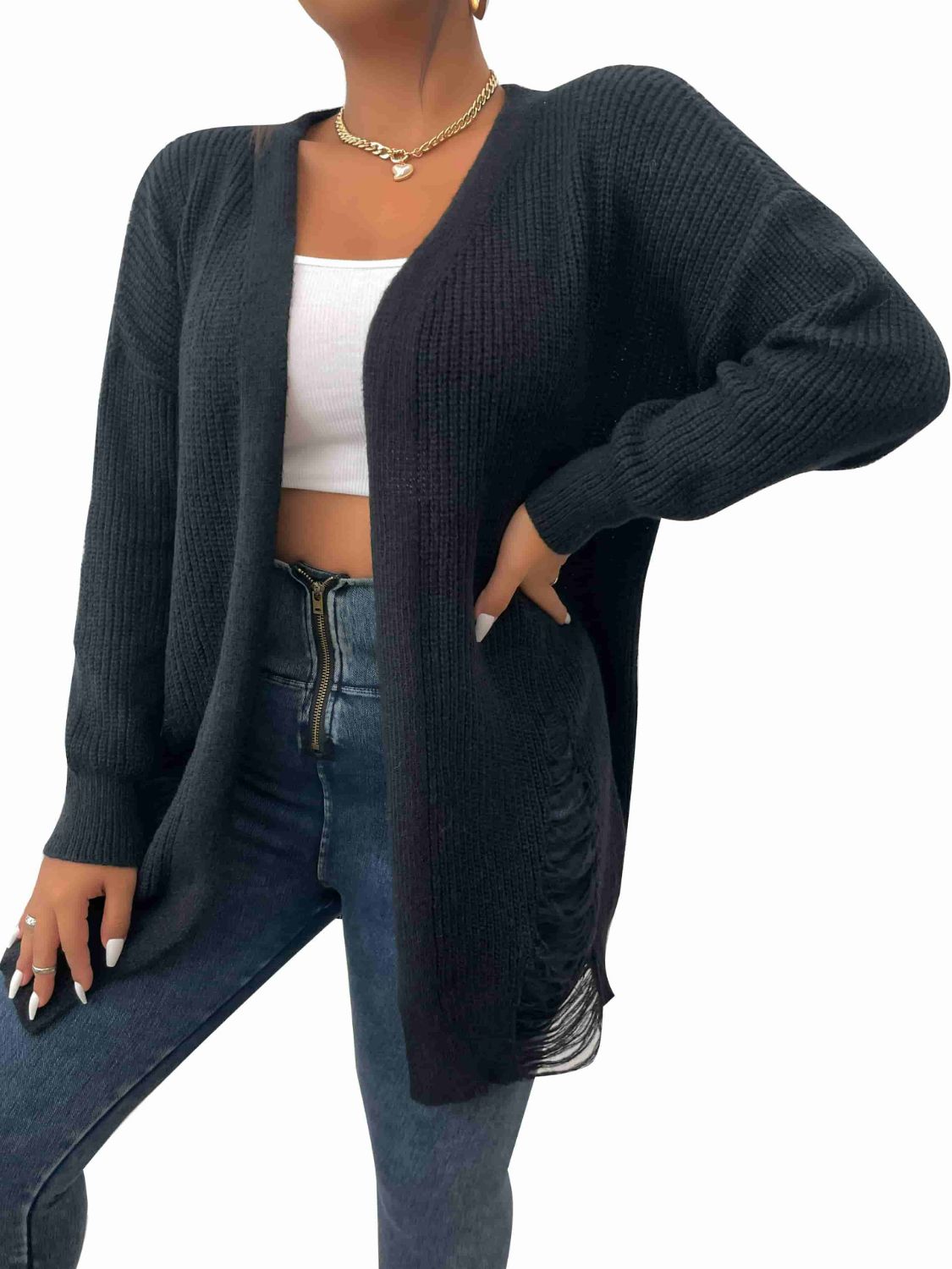 Plus Size Distressed Rib-Knit Open Front Longline Cardigan