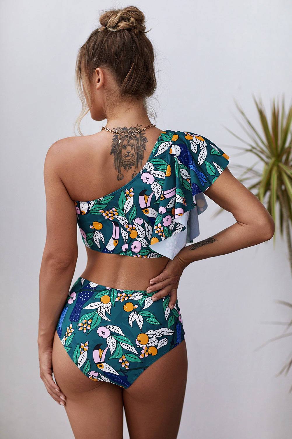 Floral Print Ruffled Single Shoulder Bikini - Marie Lashaays 