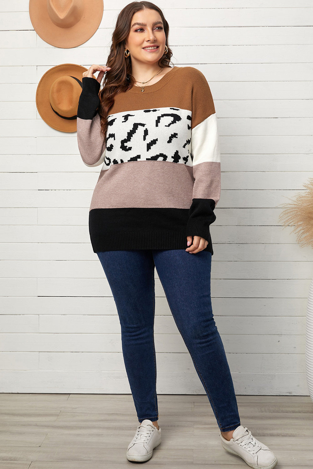 Plus Size Leopard Color Block Sweater