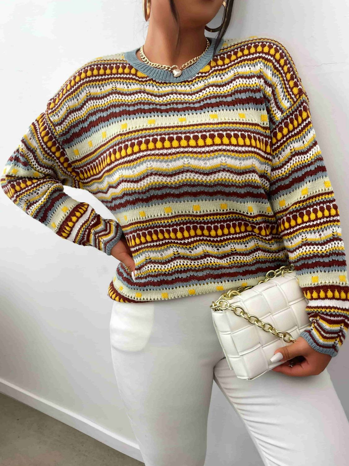 Plus Size Multicolored Scalloped Hem Round Neck Sweater