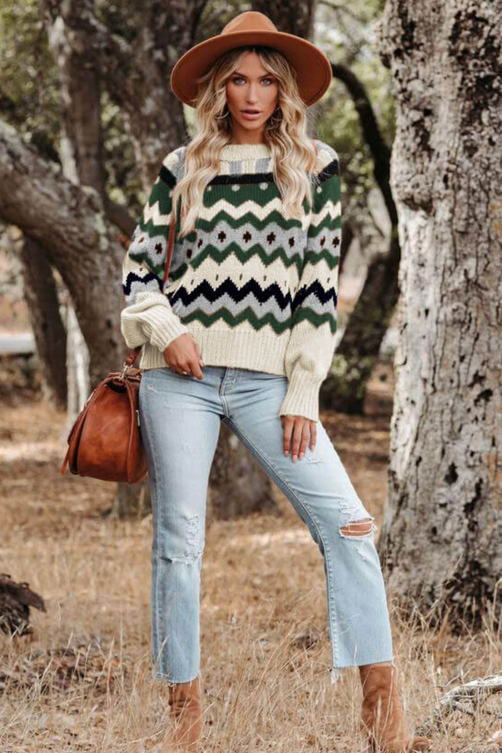 Printed Raglan Sleeve Ribbed Trim Sweater