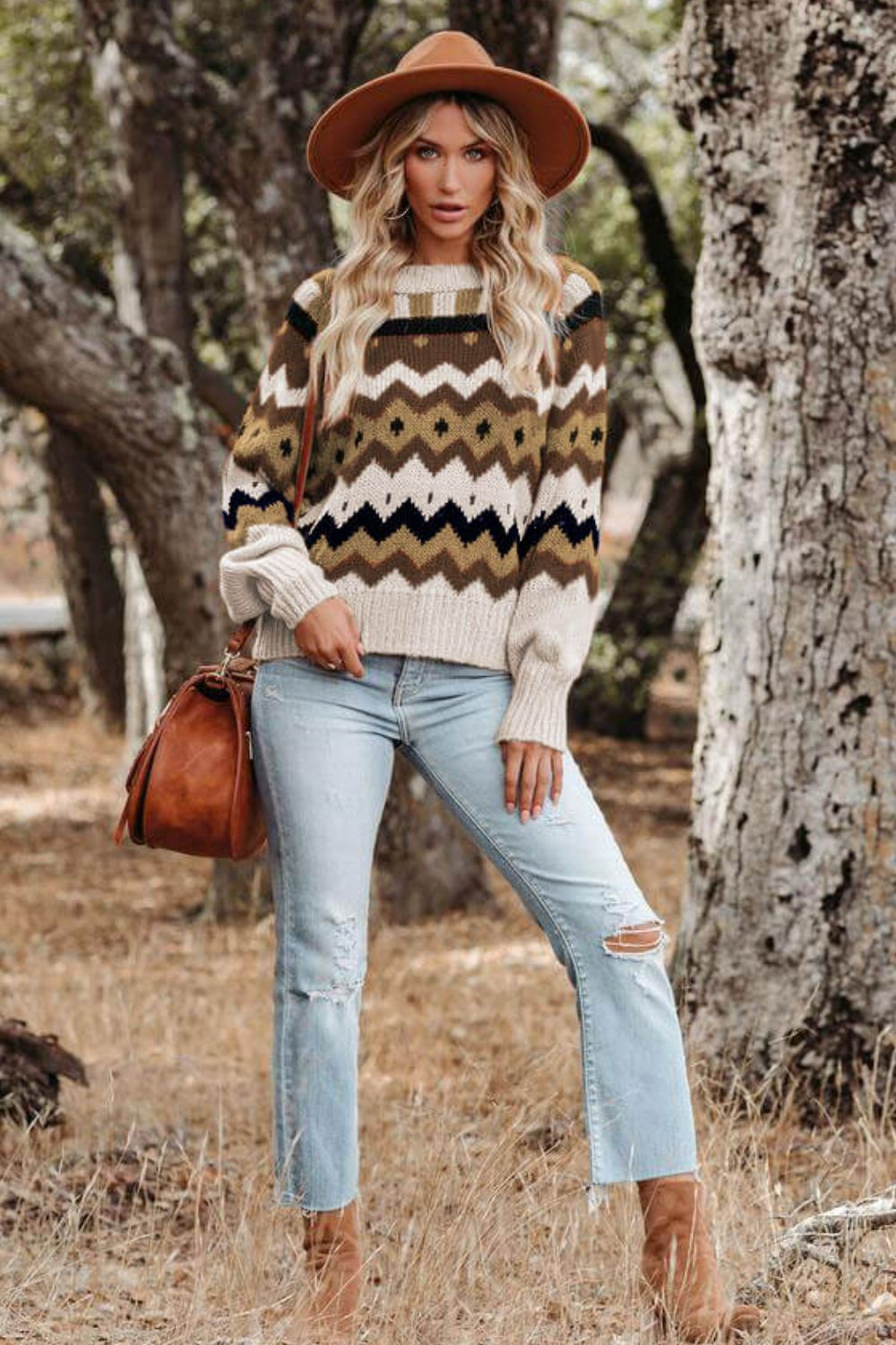 Printed Raglan Sleeve Ribbed Trim Sweater