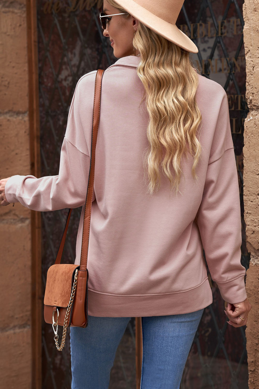 Quarter-Zip Dropped Shoulder Slit Sweatshirt