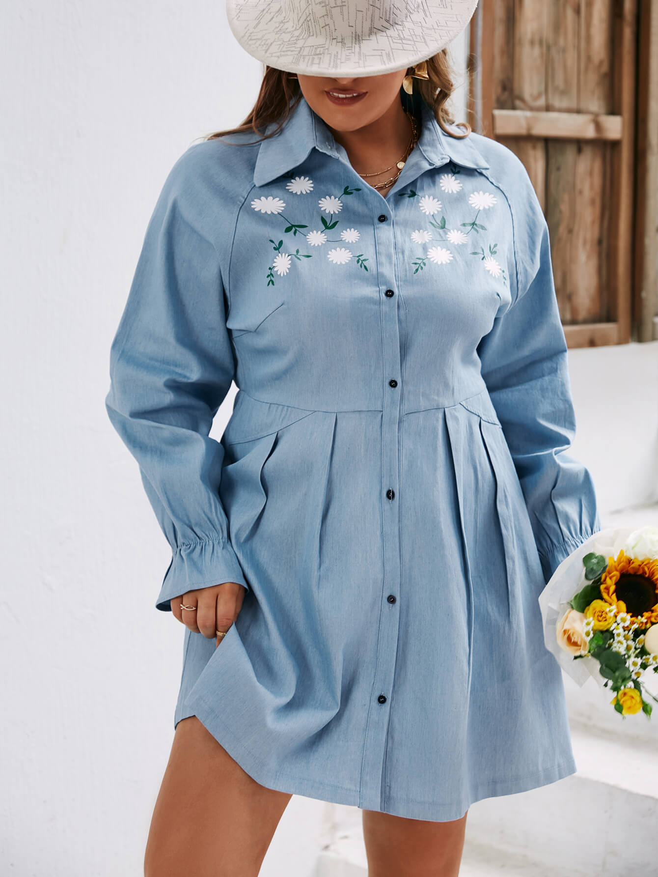 Plus Size Floral Button Front Pleated Denim Shirt Dress - Marie Lashaays 