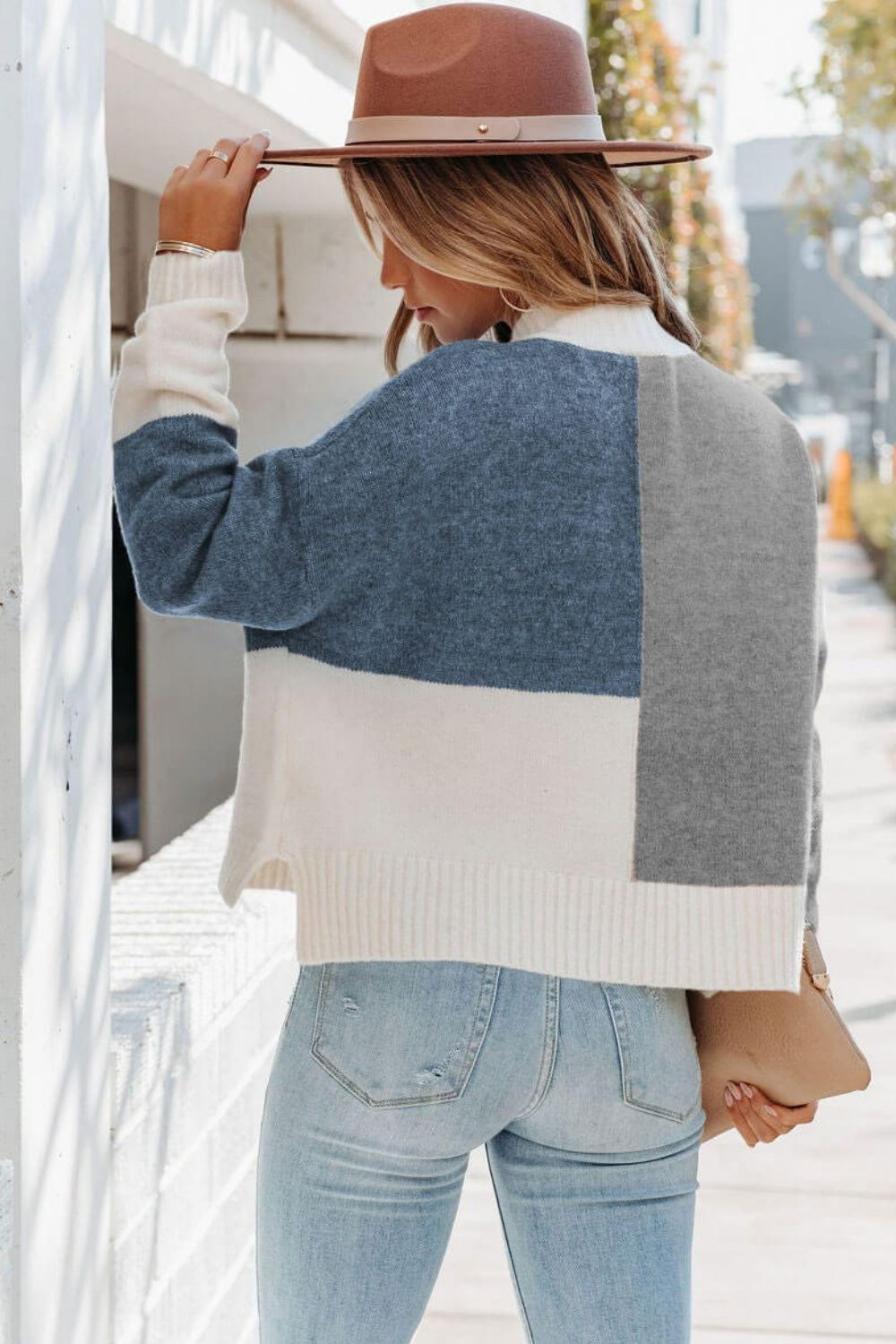 Color Block Dropped Shoulder Ribbed Trim Sweater