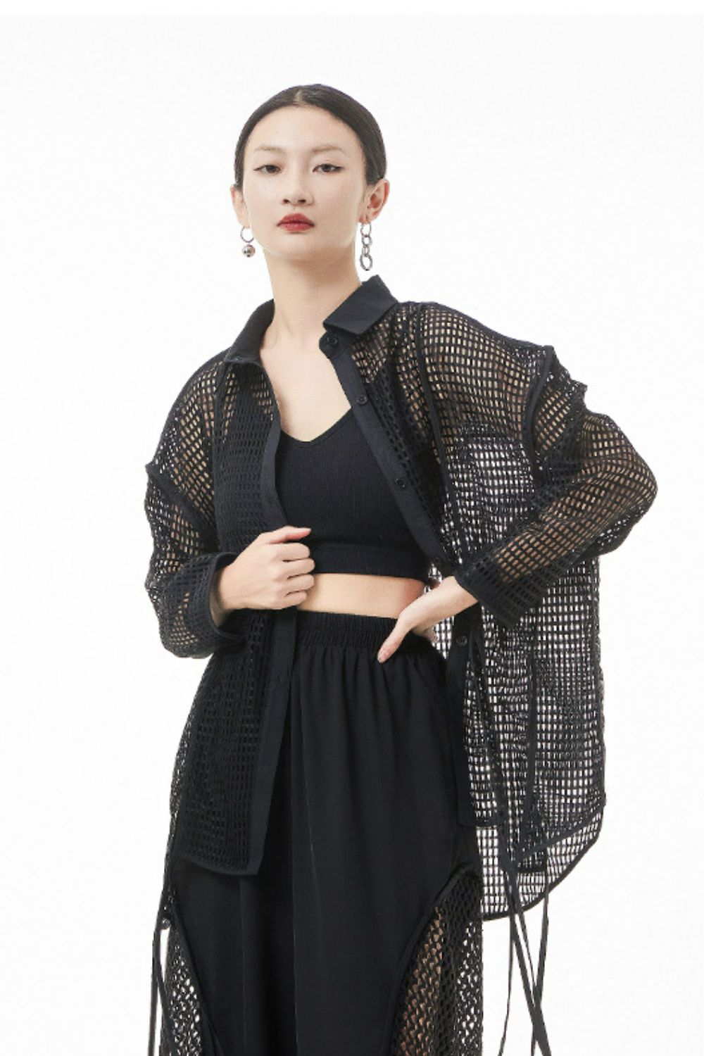 Openwork Mesh Slit Long Sleeve Shirt