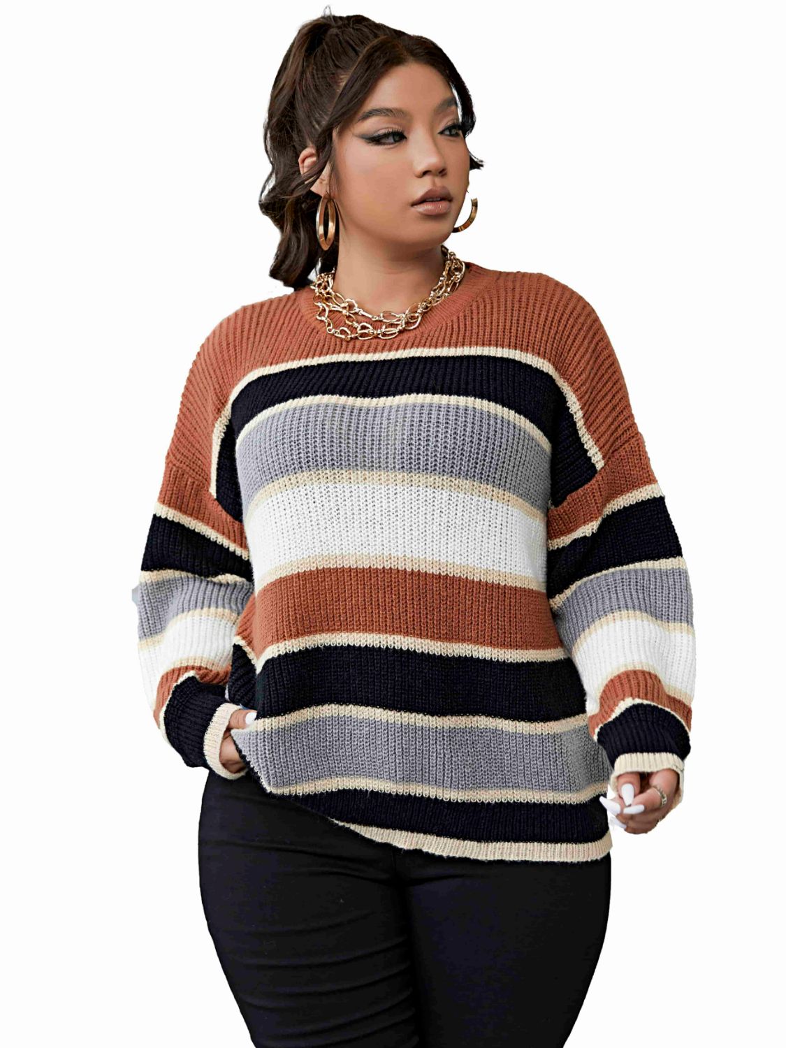 Plus Size Striped Round Neck Rib-Knit Sweater