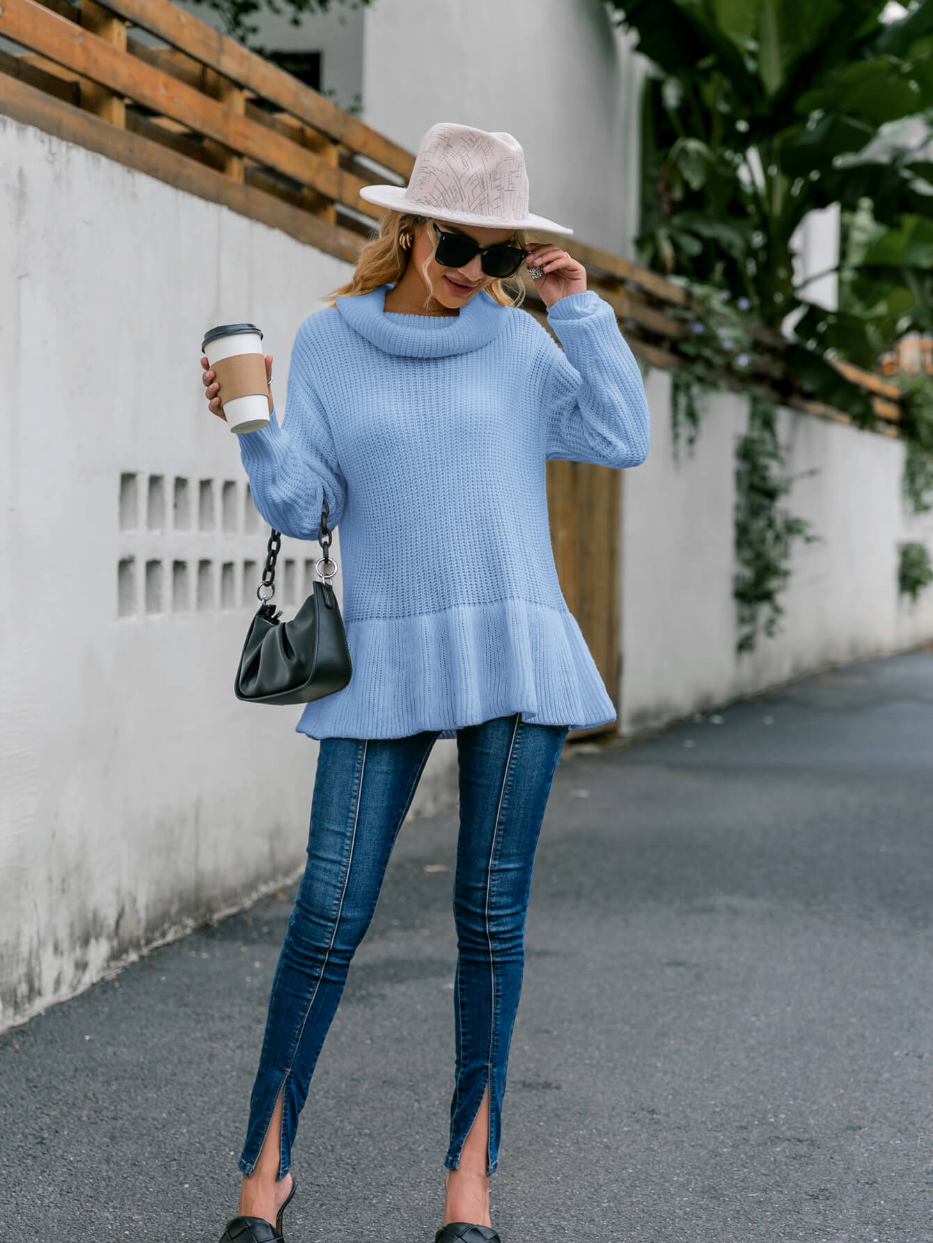 Ruffle Hem Rib-Knit Cowl Neck Sweater