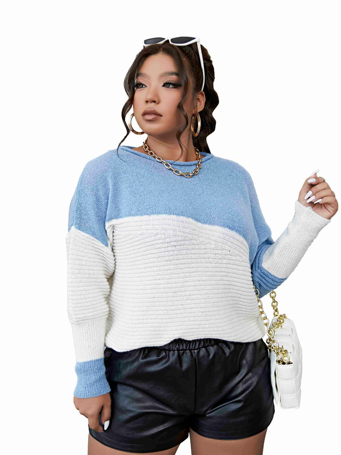 Plus Size Two-Tone Dropped Shoulder Sweater