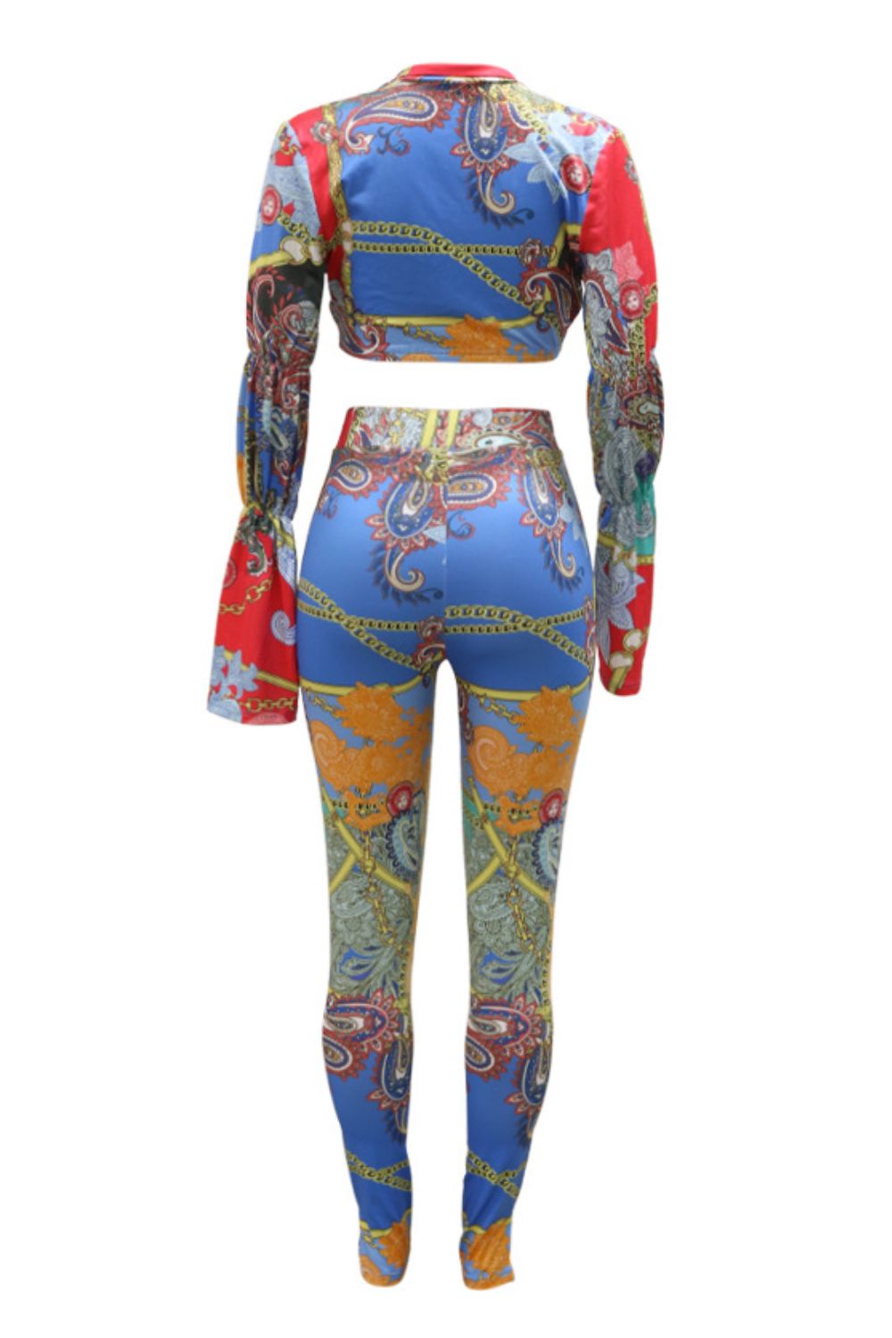 Scarf Print Bubble Sleeve Cropped Top and Leggings Set - Marie Lashaays 