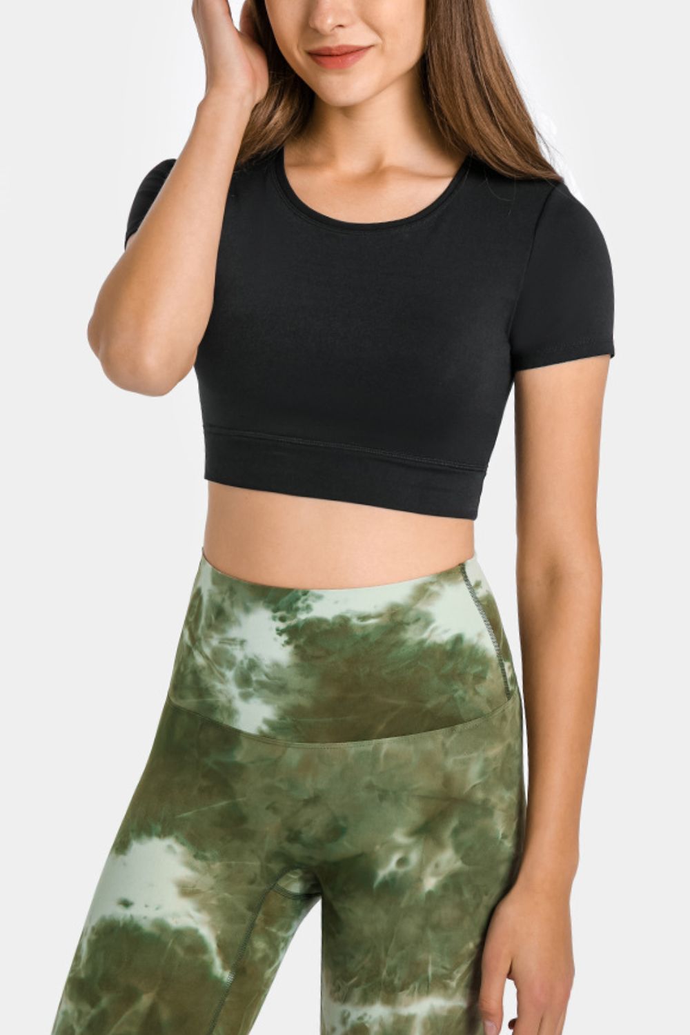 Round Neck Cropped Yoga Tee - Marie Lashaays 