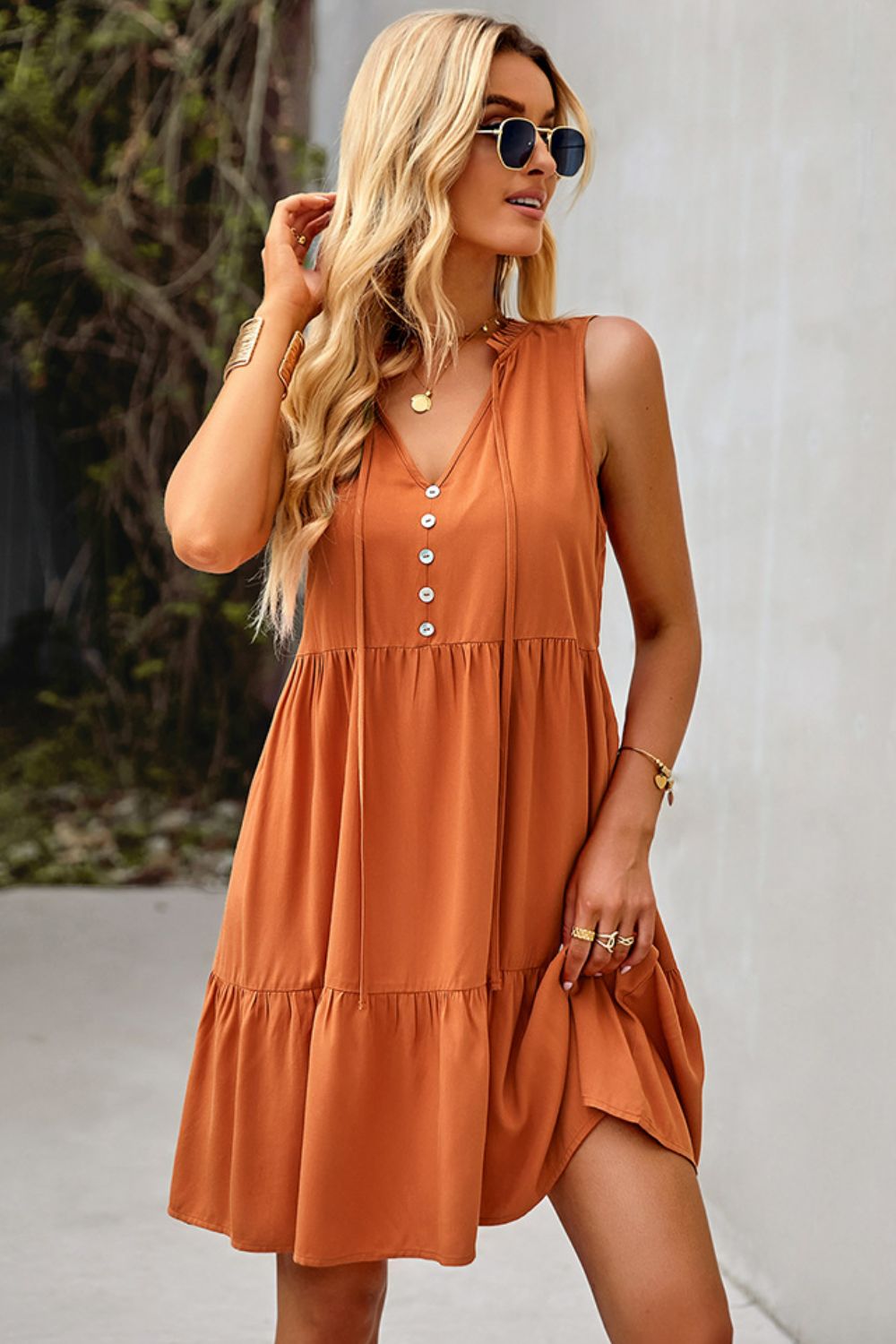 Tie Neck Tiered Dress with Decorative Buttons - Marie Lashaays 