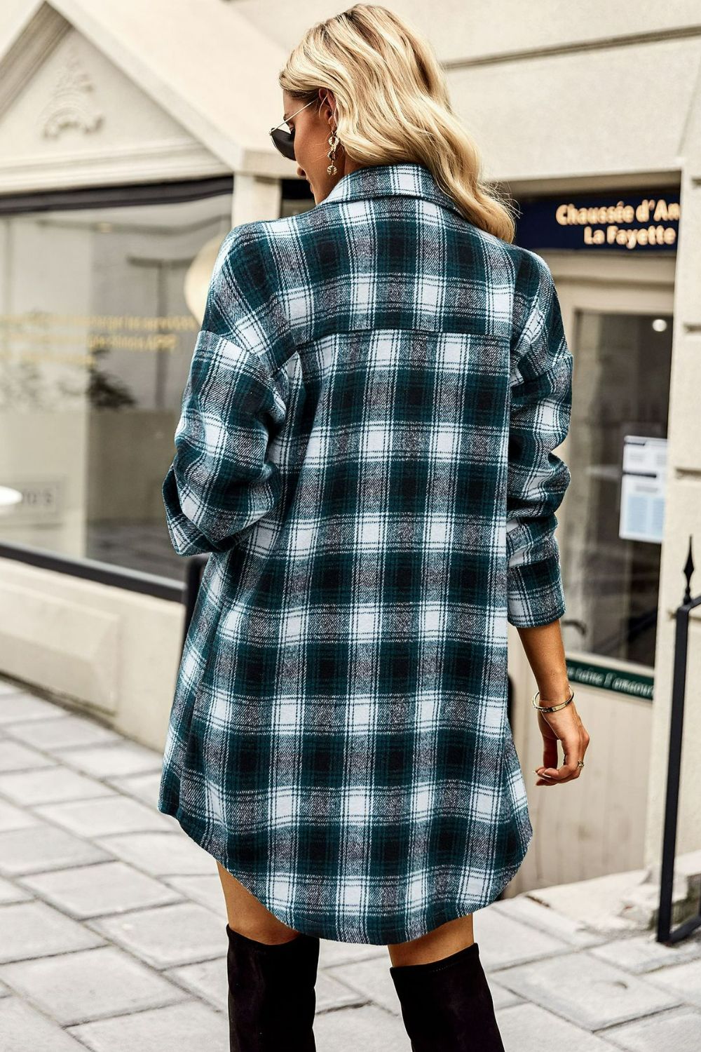 Plaid Curved Hem Longline Shirt Jacket