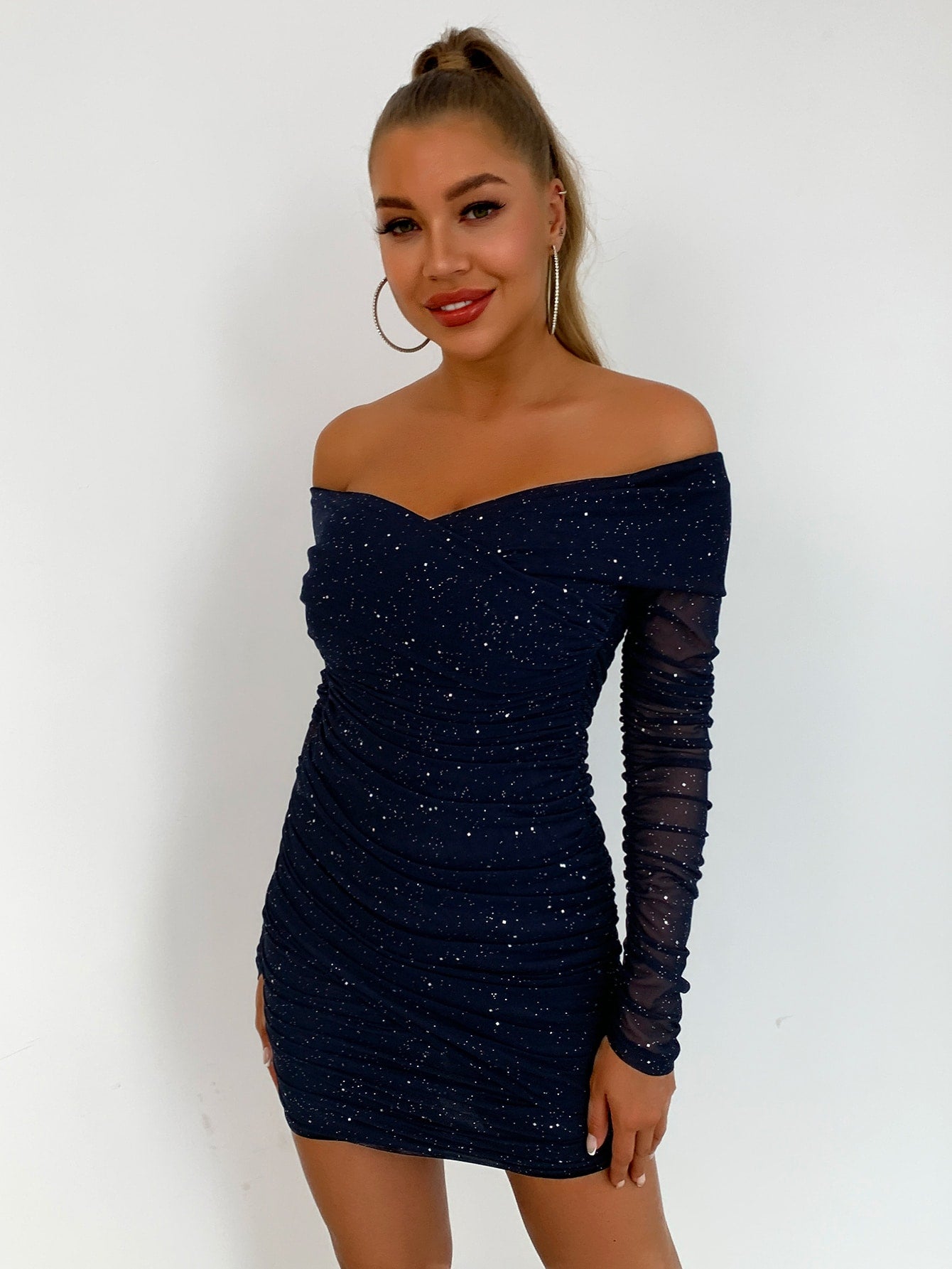 Glitter Off-Shoulder Ruched Bodycon Dress - Marie Lashaays 